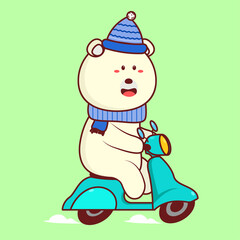 Christmas icon concept.Flat Cartoon Cute Polar Bear ride scooter vector icon illustration.Christmas Character Flat Cartoon Style Suitable for Web Landing Page, Banner, Flyer, Sticker, Card
