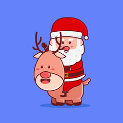 Cute Santa ride cute rein deer vector icon illustration.Christmas icon concept.Christmas Character Flat Cartoon Style Suitable for Web Landing Page, Banner, Flyer, Sticker, Card