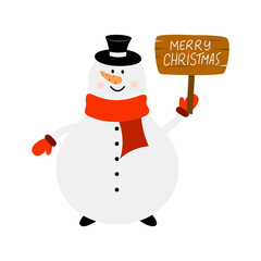 Christmas Snowman character with an information sign