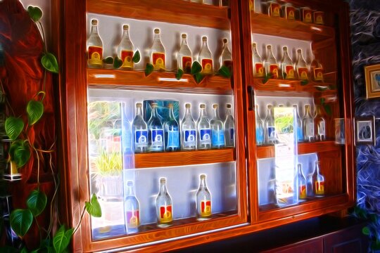 Digital painting representing a showcase full of bottles