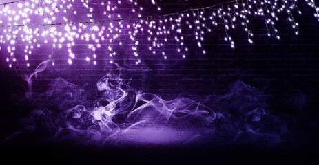 Light garland on a dark brick wall. Reflection of lights on the asphalt. Neon light, smoke, smog. 3d illustration