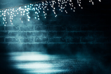 Light garland on a dark brick wall. Reflection of lights on the asphalt. Neon light, smoke, smog. 3d illustration