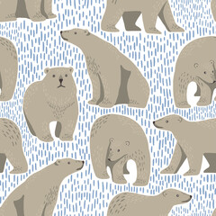 Cute polar bears flat hand drawn vector seamless pattern. Colorful wallpaper in scandinavian style. Abstract winter animals background. Lovely design for prints, wrap, textile, fabric, decor, card etc