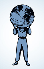 Atlas doctor keeps the earth on their shoulders. Vector drawing icon