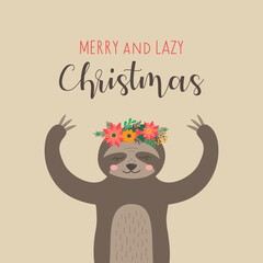 Merry and lazy Christmas sloth vector illustration