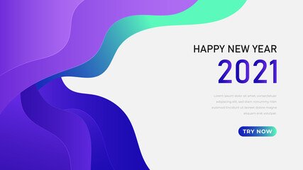 2021 New Year banner. Paper cut numbers with 3d bright colors wavy shapes. Minimal cover design. Template for Christmas flyers, greeting cards, brochures. Vector.