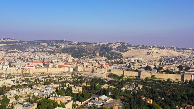 Jerusalem old city rooftops and The Dome of The Rock, Aerial view.
