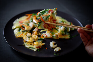 Korean pancake for side dish with vegetable, shrimp, garlic chive