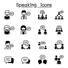 Talk, speech, discussion, dialog, speaking, chat, conference, meeting icon set in thin line style