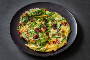 Korean pancake for side dish with vegetable, shrimp, garlic chive