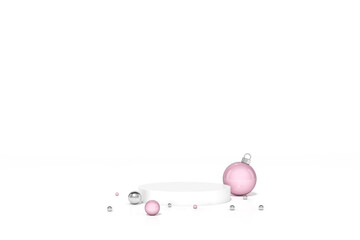Pink and Silver christmas ball Ornaments and decoration object group with podium display stand on white background 3d rendering. 3d illustration celebration christmas and new year sale concept.