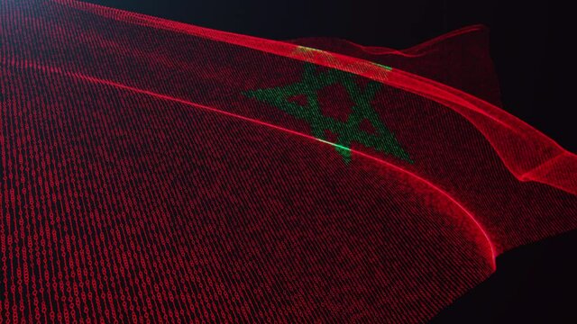 3d render. Morocco digital flag with binary code texture flies in the wind. Seamless loop.