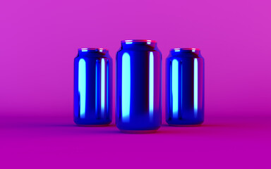 Blue glossy drink bottles on a bright pink background. 3d rendering.