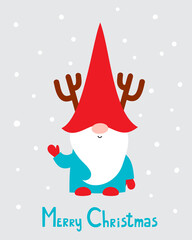 Vector greeting card of cartoon Christmas gnome isolated on gray.