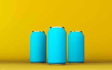 Three blue glossy drink bottles on a yellow background. 3d rendering.