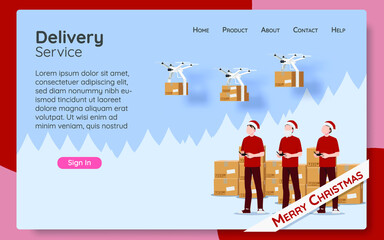 Online delivery service web page concept, online order by modern technology. The parcel box flying drone transporter control by employee, logistic home tracking delivery in new normal christmas theme.