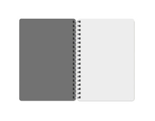 Vector Realistic opened Notepad Notebook with vertical pages and metal springs with grey cover. Copybook, booklet, journal, organizer, diary. Empty white mockup. EPS10.