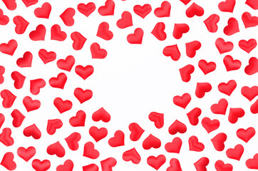 Frame made of red hearts on the white background