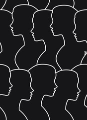 Vector seamless pattern of flat outline woman profile silhouette isolated on black background