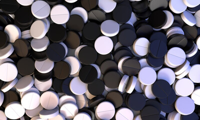 Black and white pills. Medicine pills on background. Top view on pills The cure for the virus. Pills with Vitamins or Bio Supplements. 3d illustration.