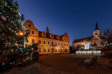 Obraz na płótnie Canvas Square with Christmas decoration in small town Chodova Plana (Kuttenplan) - Czech Republic