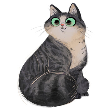 drawing of a fluffy gray cat in cartoon cute style. contented fat well-fed kitten on a white isolated background.