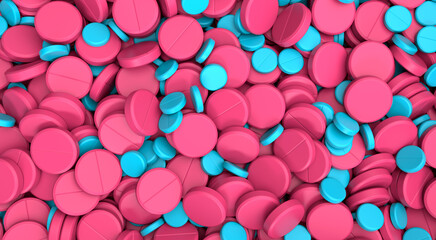 Blue and pink pills. Medicine pills on background. Top view on pills The cure for the virus. Pills with Vitamins or Bio Supplements. 3d illustration.