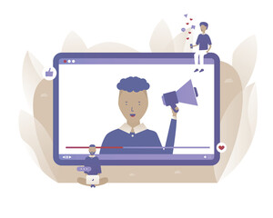 A man is giving a lecture online. Video platform. Vector illustration with Web communication idea for telework, remote working, social media, business, finance, and start up