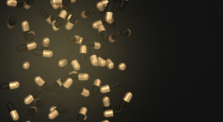 Levitation tablets. Pills on a black background that fall down. Tablets. Medicine and healthy. Close capsules. Differential view of the pill. Health. 3d rendering