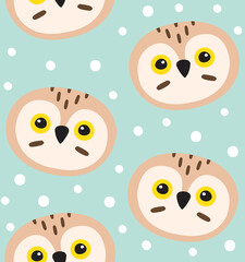 Vector seamless pattern of flat cartoon doodle owl face and snow isolated on mint background