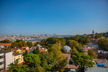 Fototapeta premium Istanbul, Turkey - September 2020: The streets of picturesque Istanbul with urban vistas mixed with historical architecture and recognizable minarets of mosques