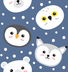 Vector seamless pattern of flat cartoon doodle polar wild animals isolated on blue background