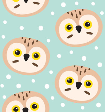 Vector seamless pattern of flat cartoon doodle owl face and snow isolated on mint background