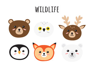 Obraz premium Vector set bundle of colored flat cartoon doodle wild animal face isolated on white background