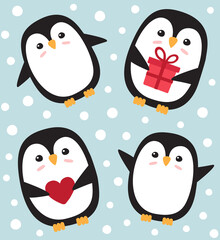 Vector seamless pattern of hand drawn doodle flat cartoon penguin isolated on blue background