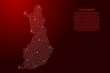 Fototapeta na wymiar Finland map from red pattern of the maze grid and glowing space stars grid. Vector illustration.