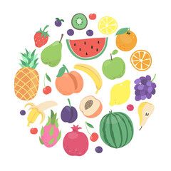 Cartoon doodle fruits and berries in cirkle design. Vector colorful Set with kiwi fruit, orange, apple, lemon, pear
