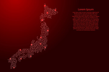 Japan map from red pattern of the maze grid and glowing space stars grid. Vector illustration.
