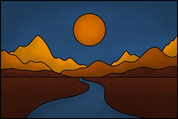 Colorful landscape illustration with river, sun and mountains
