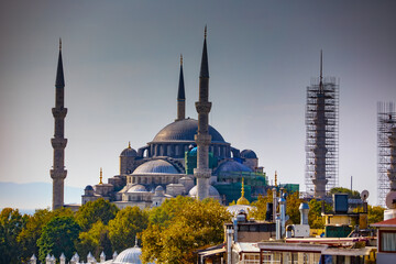 Fototapeta na wymiar Istanbul, Turkey - September 2020: The Blue Mosque or Sultanahmet Camii is the biggest mosque in Istanbul and is a great tourist attraction.