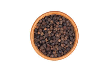 Black peppercorns in wooden bowl isolated on white