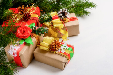 Christmas boxes presents with fir branches
