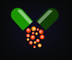 Vector illustration of a green capsule pill, medicine, vitamin. Open capsule vector illustration. Medical and Healthcare Concept. Front View