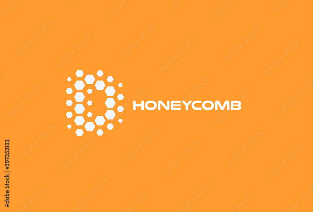 Poster abstract letter d, hexagon shapes honeyconb vector logo concept. honeybee isolated icon on orange ba