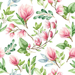 Watercolor pink magnolia seamless floral pattern with green leaves, watercolour repeating background.