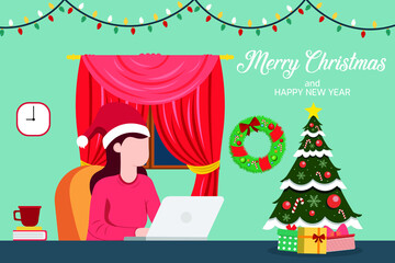 Christmas and New Year during corona virus .Christmas celebrating in home.Merry and safe Vector illustration