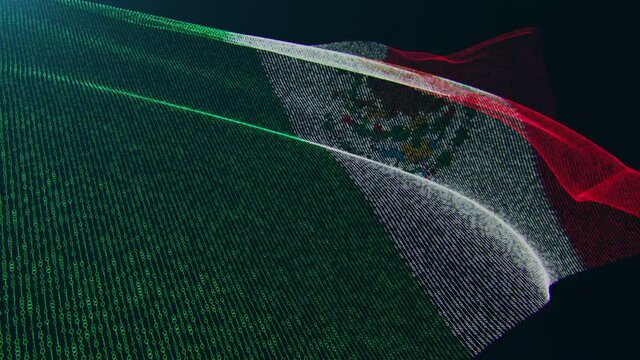 3d render. Mexico digital flag with binary code texture flies in the wind. Seamless loop.