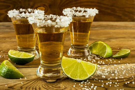 Mexican tequila with lime and salt close up