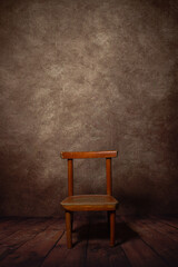 Wooden stool on the wooden floor. There is a place for an inscription or logo. Empty room. Wood...