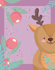 christmas little reindeer holly berry winter animal cartoon card